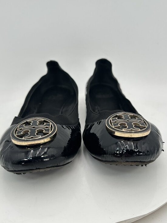 Tory Burch Reva Women Size 10.5M Black Patent Leather Gold Logo Ballet Flat Shoe - Picture 11 of 11